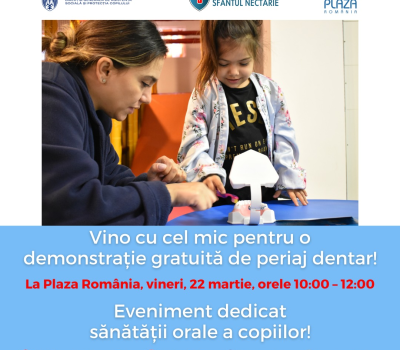 Vino cu cel mic, pe 22 martie 2024, la Plaza România etaj 1 sala Rotonda, în intervalul orar 10:00 – 12:00 pentru o demonstrație gratuită de periaj dentar!