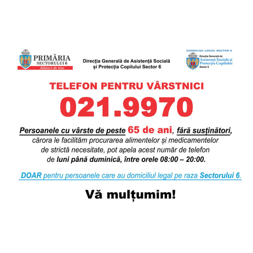 021.9970 - Noul număr de telefon de urgenţă, dedicat exclusiv persoanelor în vârstă din Sectorul 6